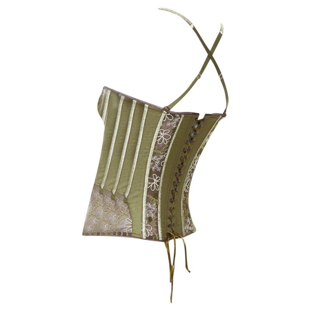 rare JOHN GALLIANO Vintage green gold sheer lace boned bustier corset top S - Picture 6 of 9
